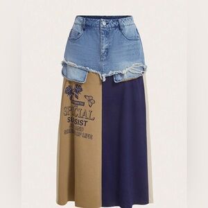 SHEIN Blue and Tan Colorblock Skirt Set